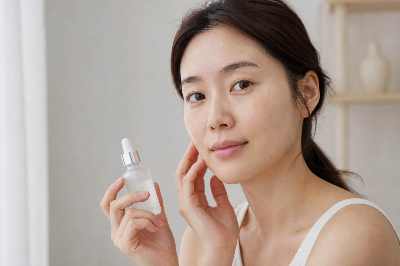 무라벨 세럼을 들고 볼을 가볍게 만지는 성인 여성의 스킨케어 연출 사진