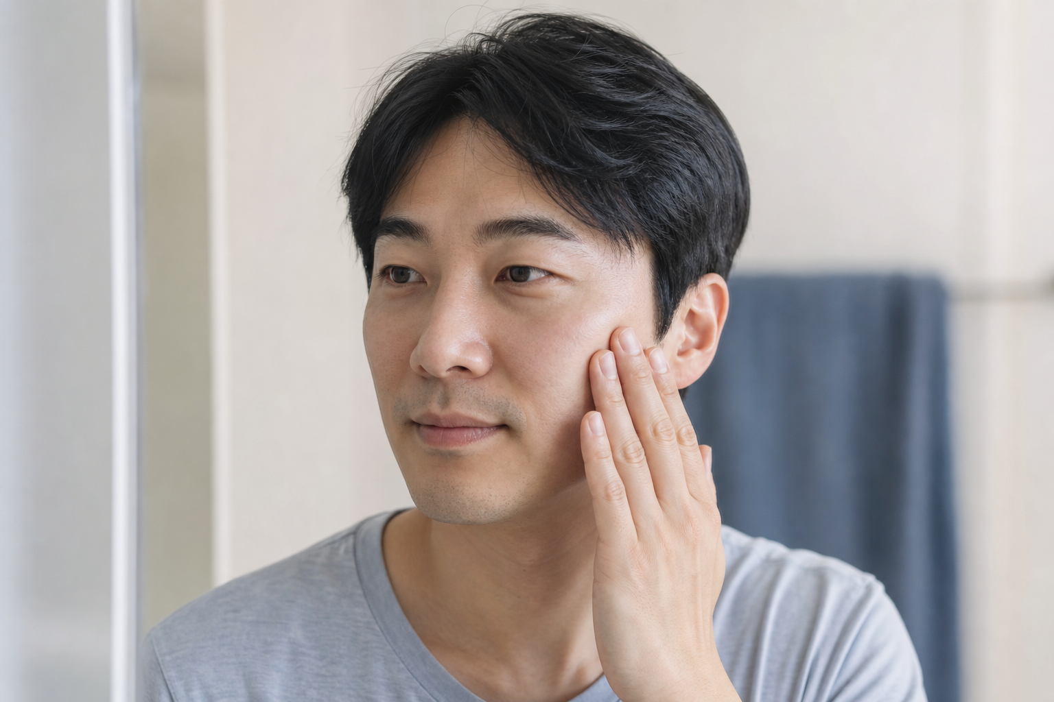 세안 후 볼을 가볍게 만지는 한국인 남성