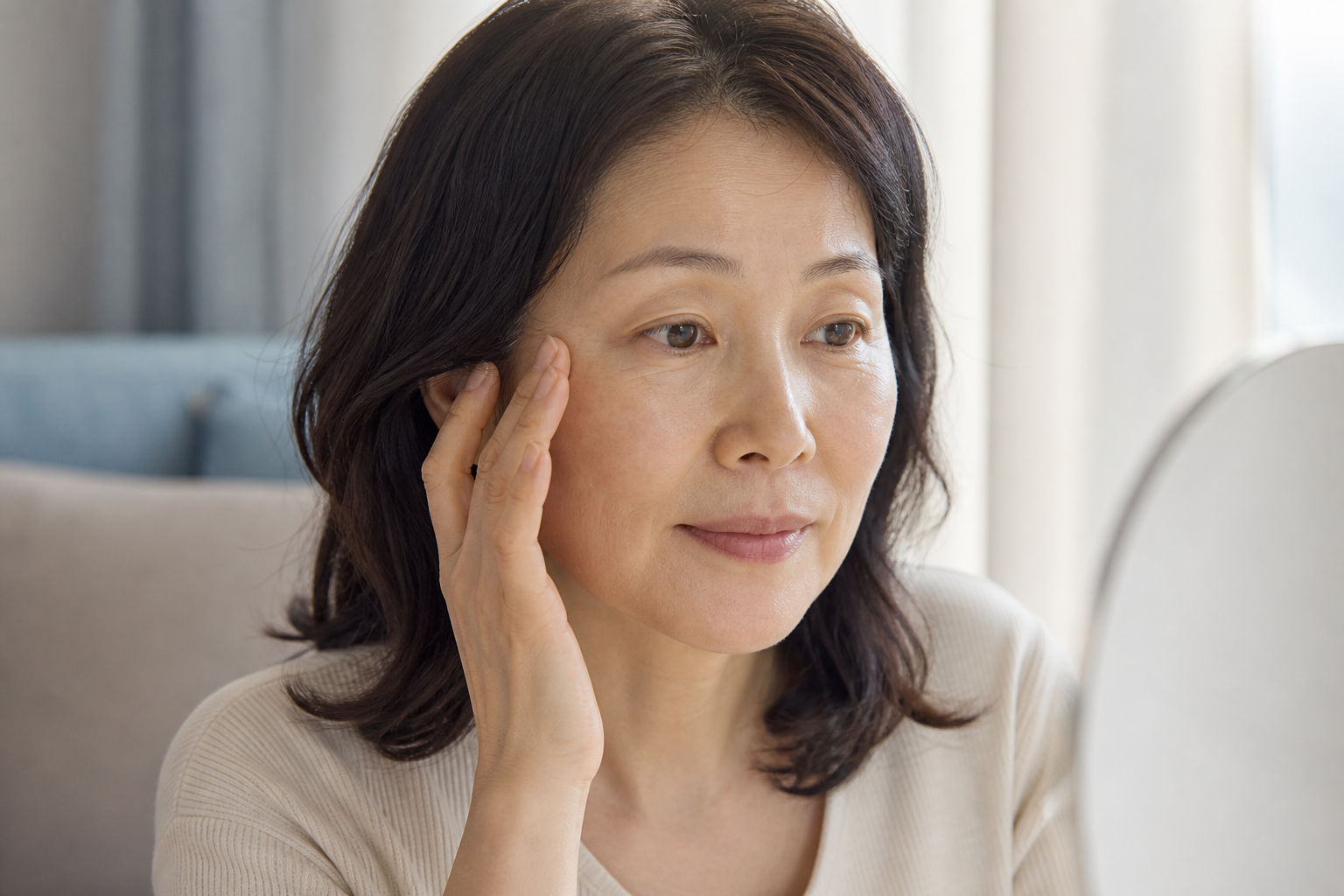 창가에서 피부결을 살펴보는 중년 한국인 여성
