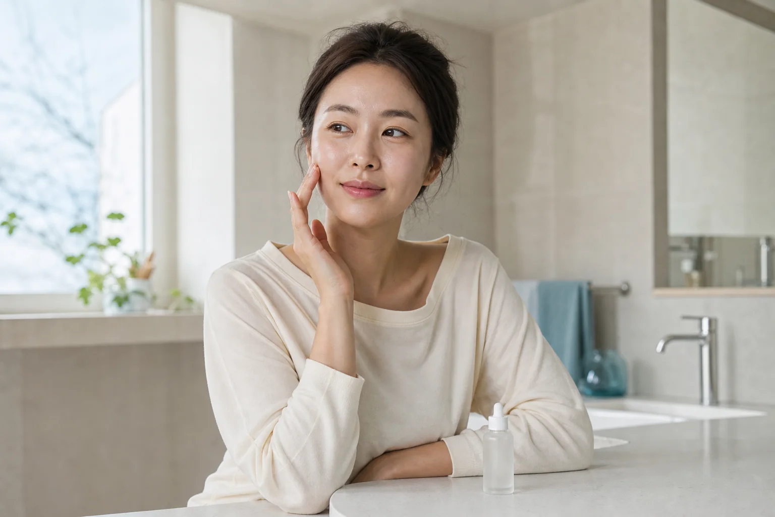 아침 스킨케어를 마치고 볼의 수분감을 확인하는 성인 한국인 여성