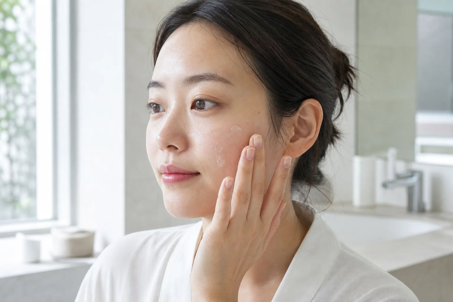 세안 후 히알루론산 세럼을 볼에 바르는 성인 한국인 여성