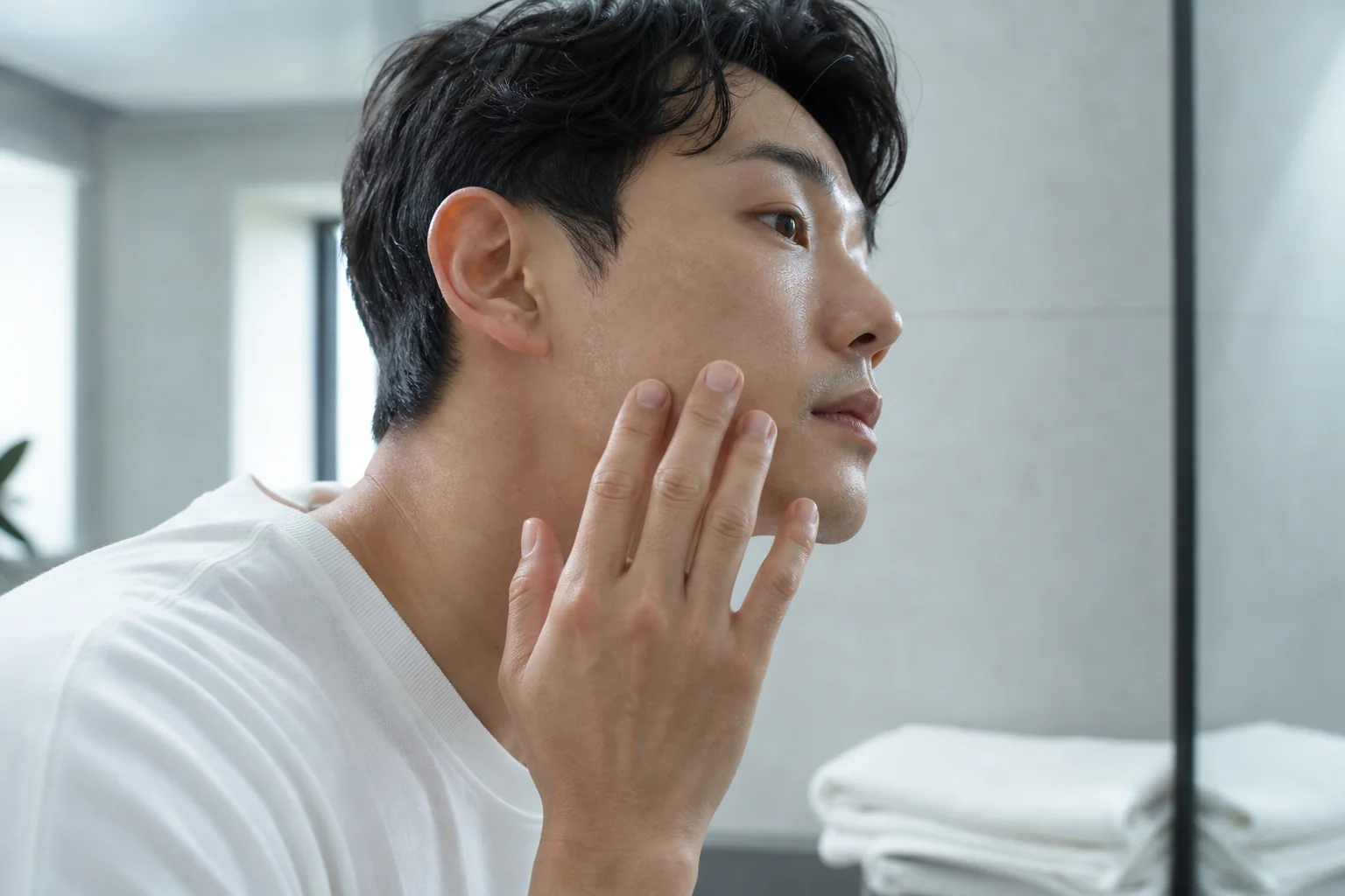 세안 후 손끝으로 볼의 피부결을 확인하는 성인 한국인 남성