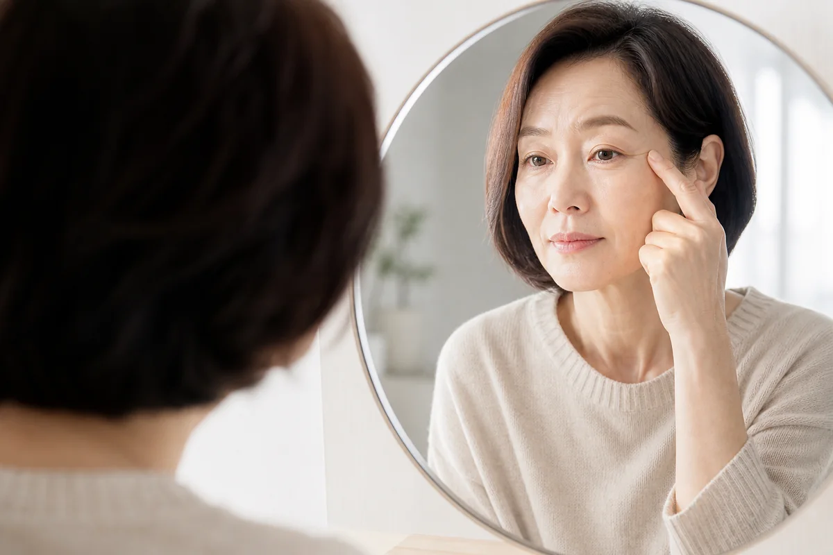거울에서 눈가 잔주름을 살펴보는 중년 한국인 여성