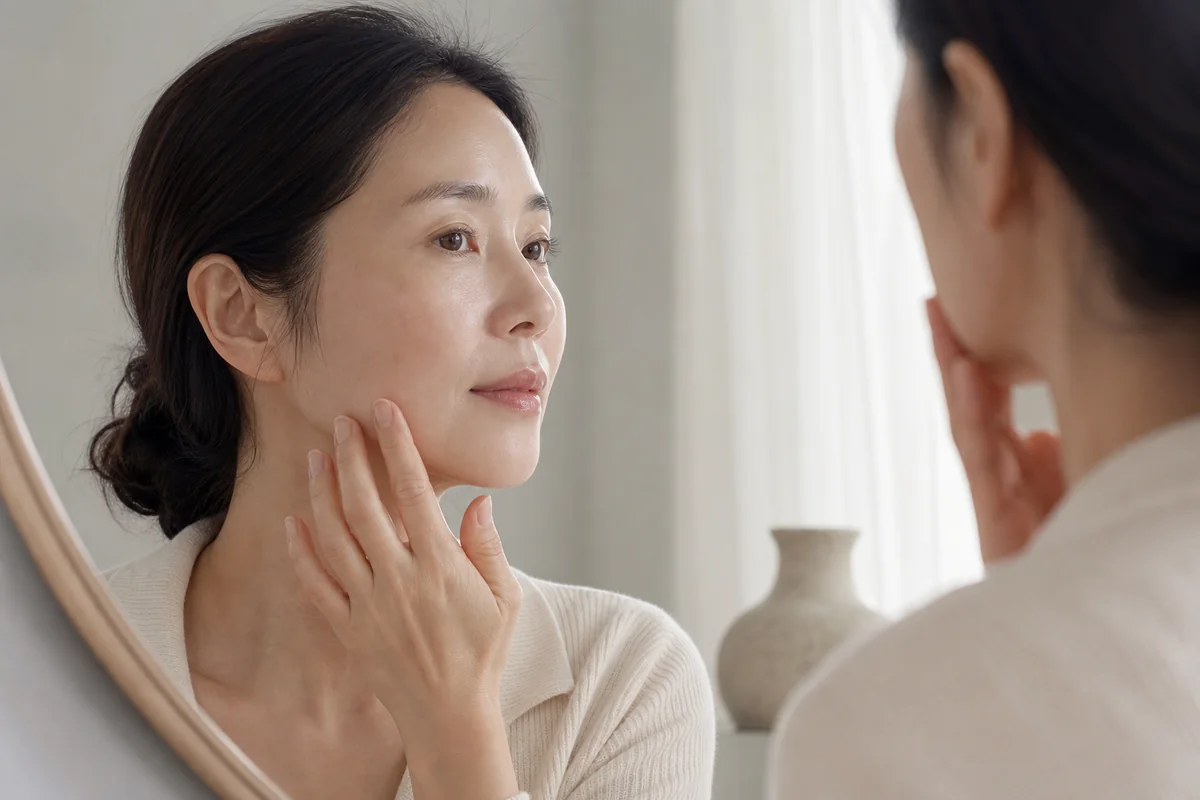 거울에서 볼과 턱선의 탄력을 살펴보는 성인 한국인 여성