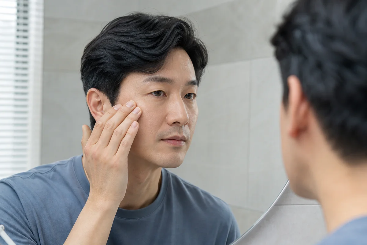 세안 후 거울에서 볼의 피부결을 확인하는 성인 한국인 남성