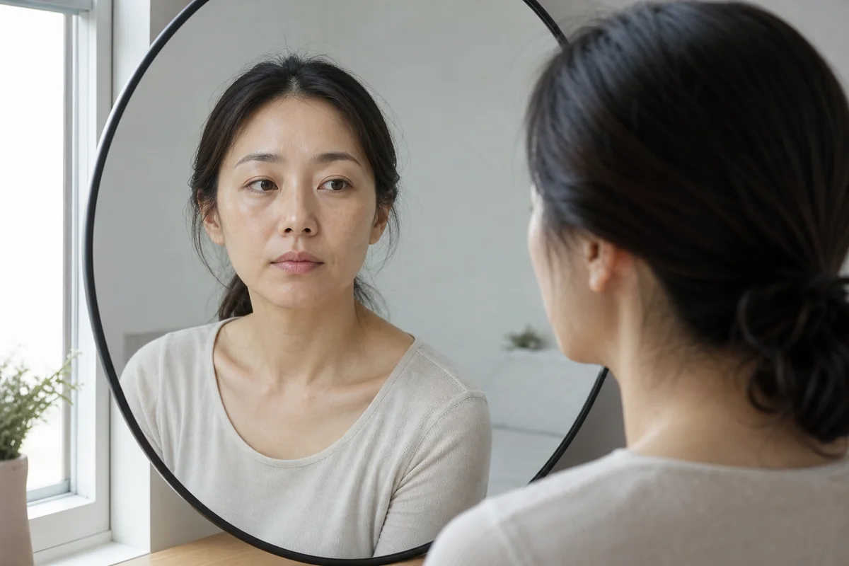 균일한 자연광에서 거울로 얼굴 피부톤을 살펴보는 성인 한국인 여성